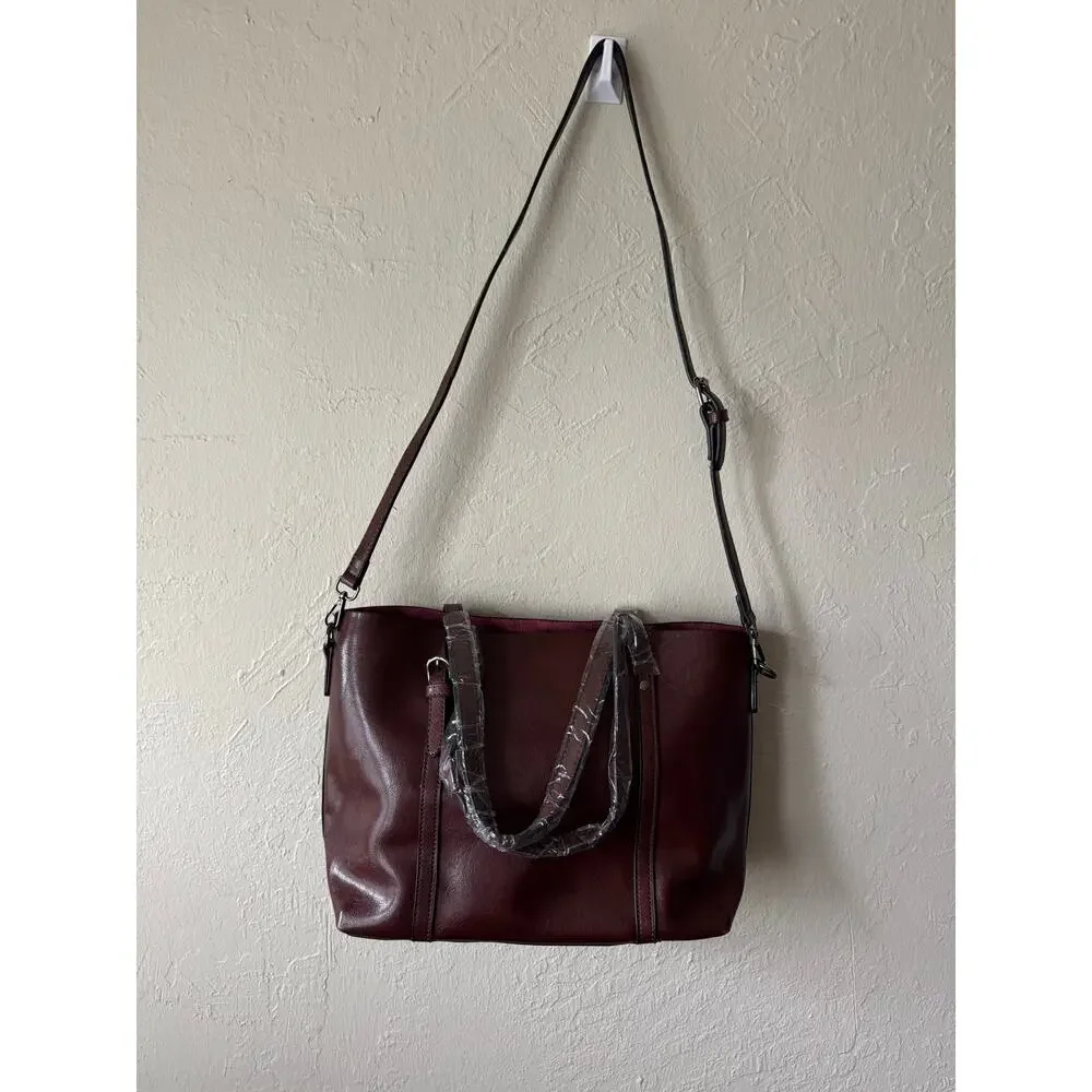 NWOT Elegant Faux Leather Tote with Removable Long Strap in Chocolate Brown